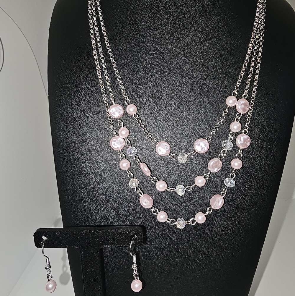 Pink and Silver Necklace and Earring Set